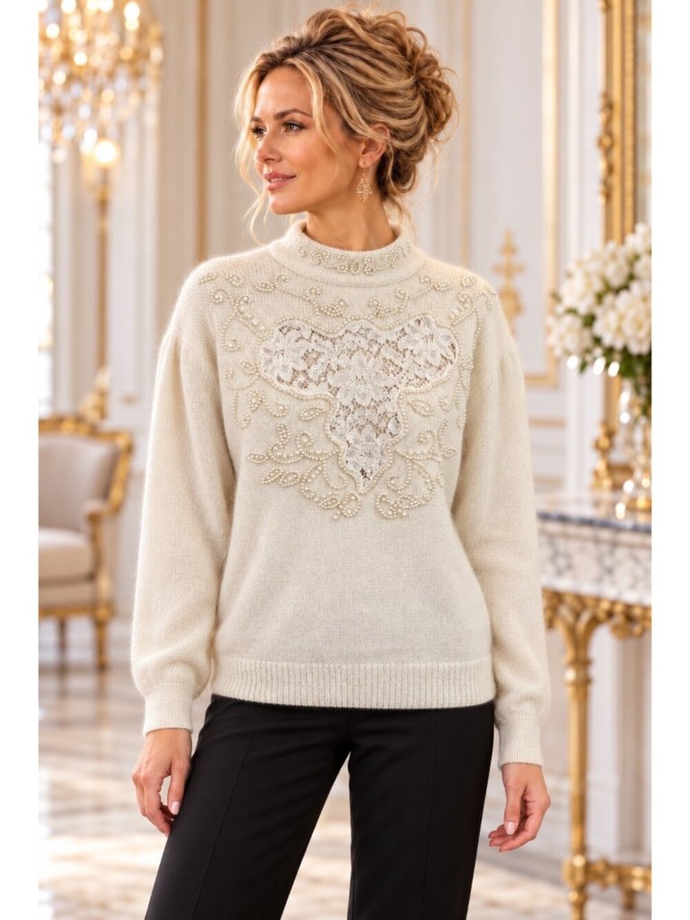 New Peck & Peck Lace Pearls Angora Silk Blend Sweater Womens Large Cream